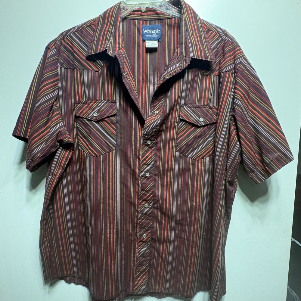 Wrangler Western Shirts Mens 2X Brown Red Striped Short Sleeve Button Up Shirt